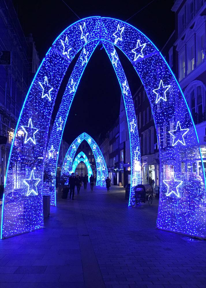 Bright blue arches with stars on for Christmas illumination